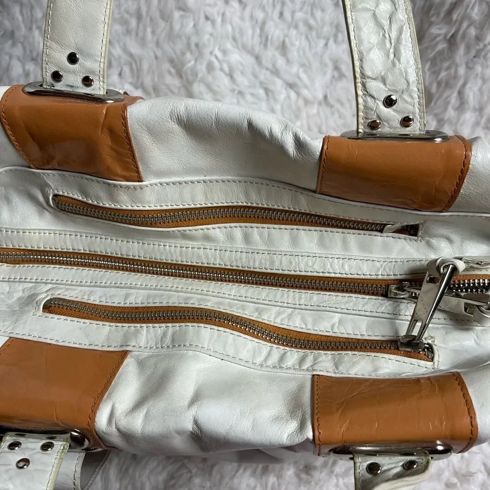 Steven by Steve Madden leather off white and tan satchel silver tone hardwares